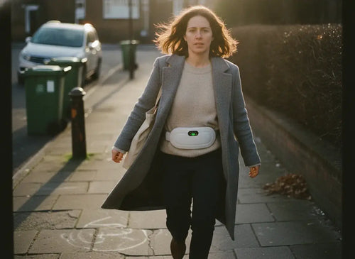 Someone walking down a street with their coat open, wearing the pad at their waist over a jumper. There is no cable anywhere.