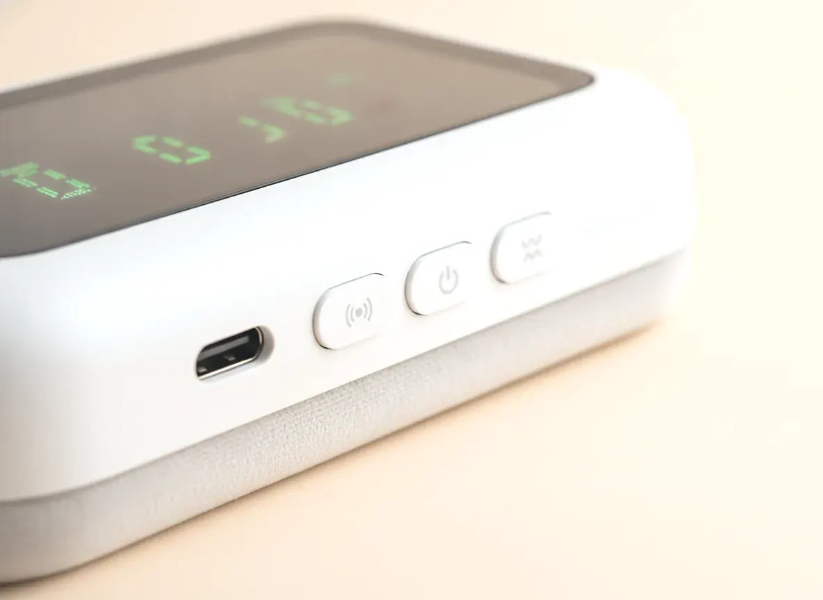 The controls on the edge of the pad: a USB-C charging port beside three small capsule buttons for power, heat and vibration.