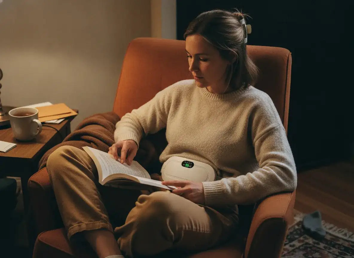 Someone sitting sideways in an armchair reading, with the pad strapped over their jumper.